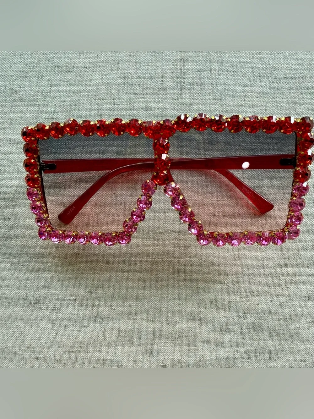Ombre Red & Pink Rhinestone Oversized Square Sunglasses